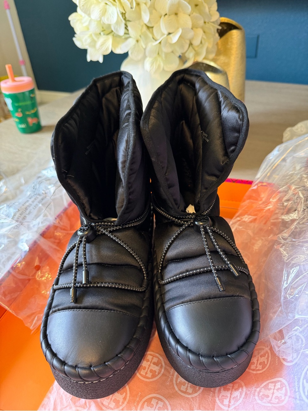 Tory Burch Black Puffer Winter Boots - Quilted Lace-Up Comfort